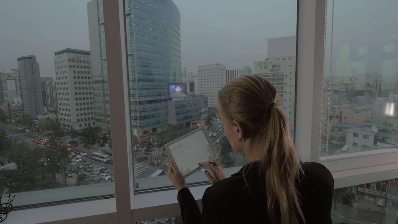 mujer de negocios con un pad mirando el panorama de seúl corea del sur