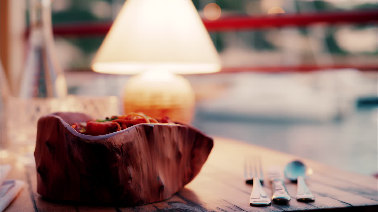 Close up view of a lamp on a set table at a restaurant near a port in the south of France