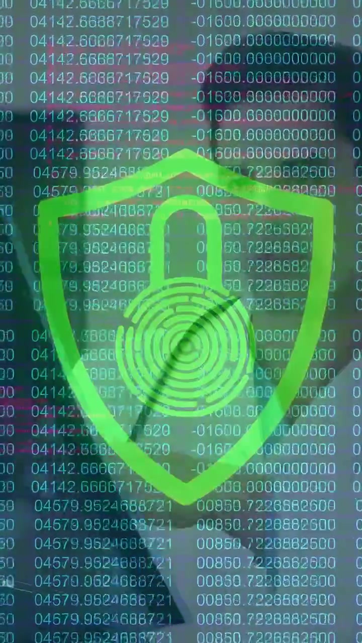 Vertical video: User raising phone starting security scan, shield print pulsing over user and code