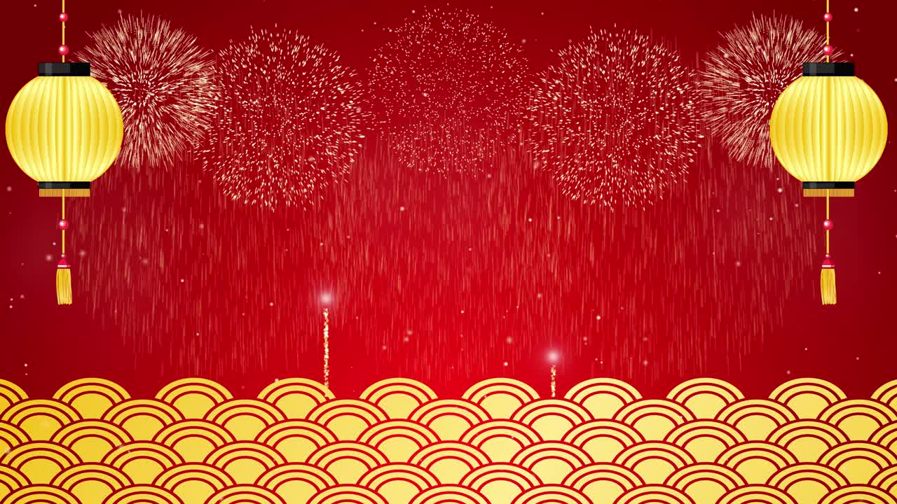 Fogos de artifício e lanternas animados contra um fundo vermelho