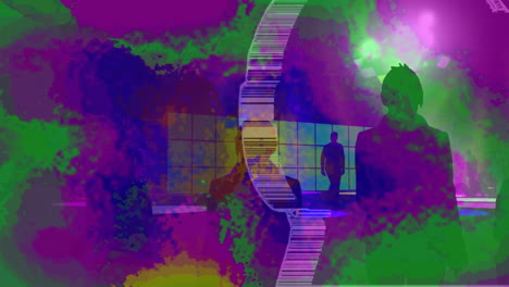 colorful animation with geometric shapes and grid pattern in digital art style