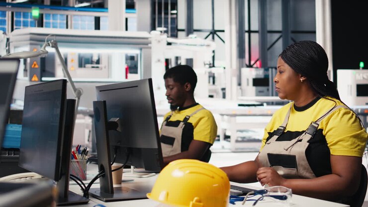 Vertical Video Black engineer testing solar technology at desk in renewable energy facility