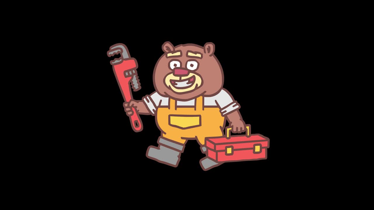 파이프 렌치를 들고 도구 케이스를 들고 는 빌더 비버 프레임별 애니메이션 알파 채널