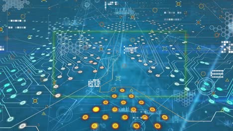 animation of computer circuit board over network of connections on blue background