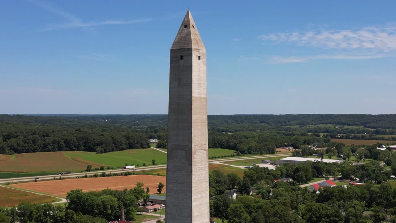 Aerial descending shot of the Jefferson Davis Monument, located in Fairview, Kentucky