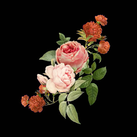 Vintage rose flowers animation isolated asset, transparent 4K video, alpha channel, ProRes 4444