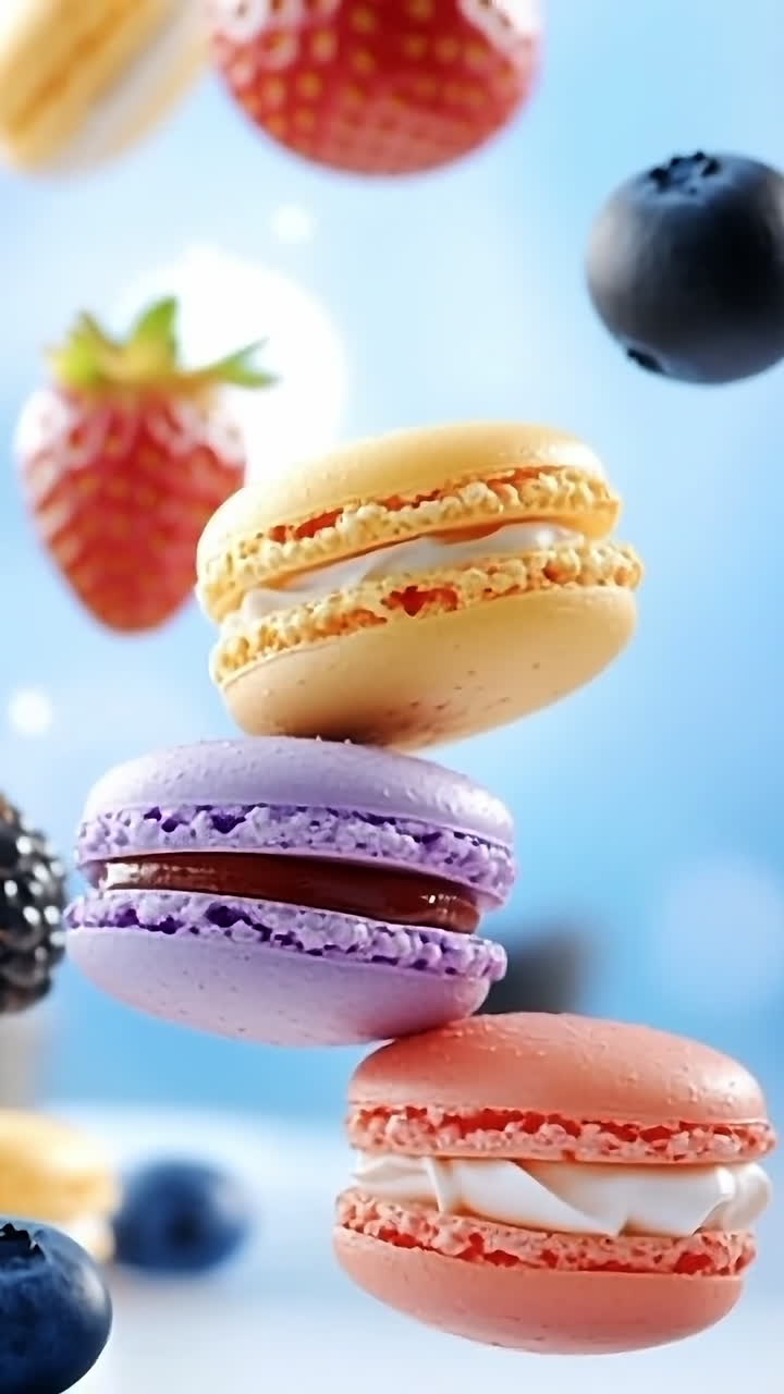 Festive macaron and berry mix. Colorful macarons mingle with fresh berries, set against a vibrant backdrop for a playful scene.