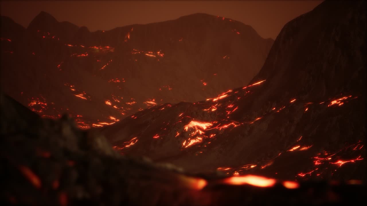 lava fundida roja y vibrante que fluye sobre un campo de lava gris y una tierra rocosa brillante