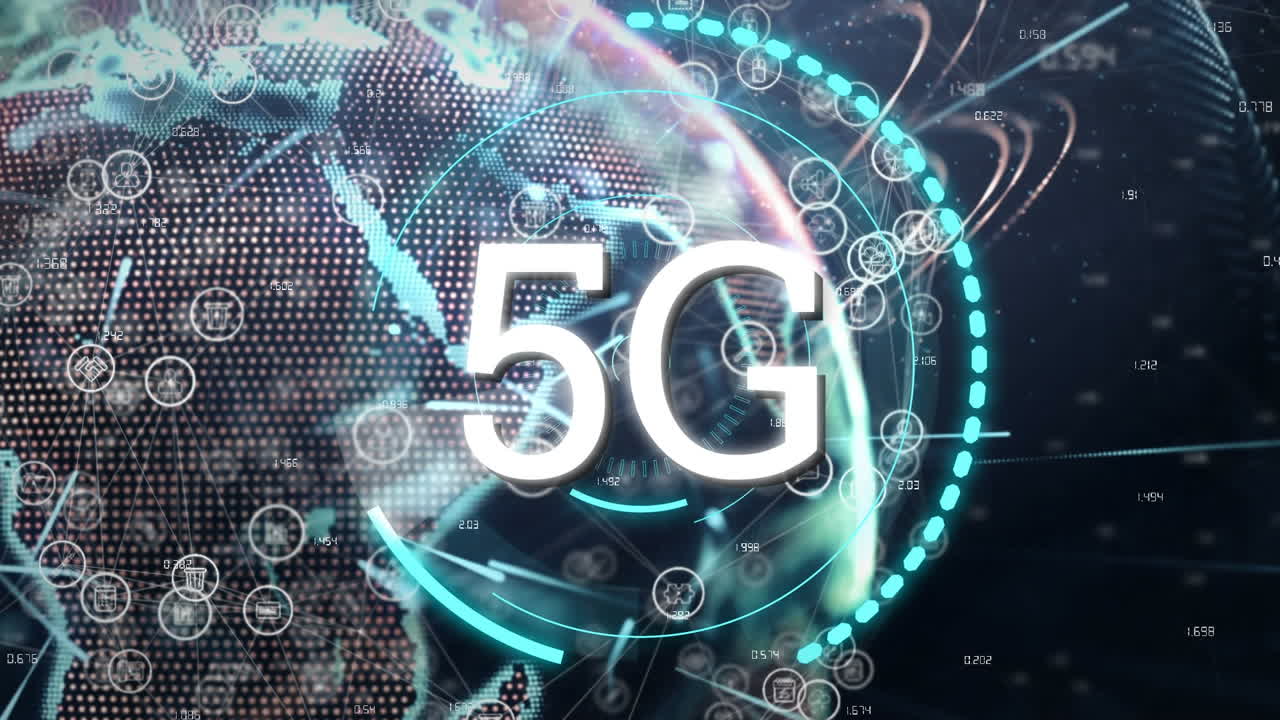 전 세계에 걸쳐 5g 텍스트 및 범위 스캐닝의 애니메이션