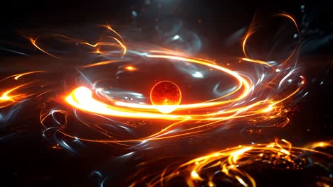 swirling patterns of orange light and energy in a dark abstract space