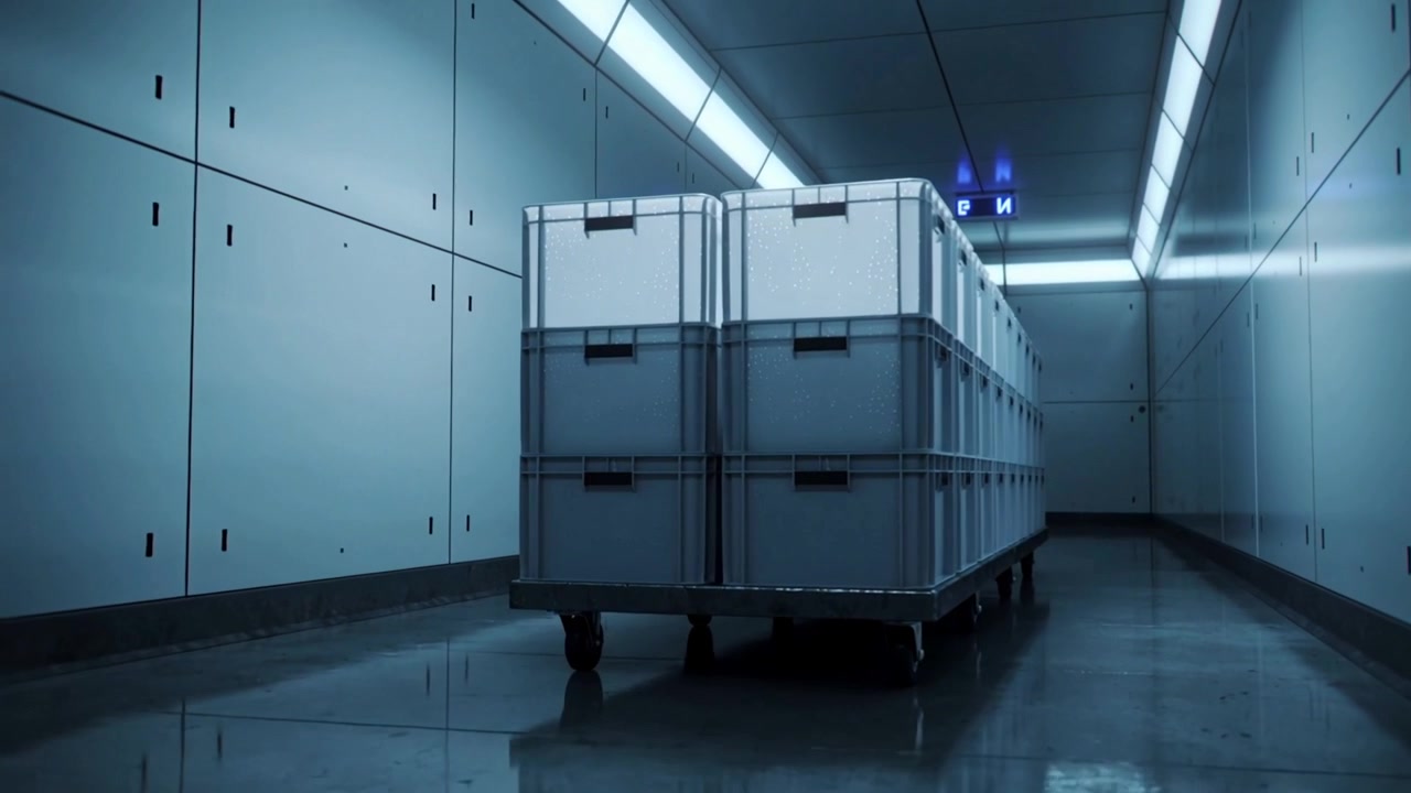 Rolling wheeled pallet moving down long corridor after automation, carrying plastic crates