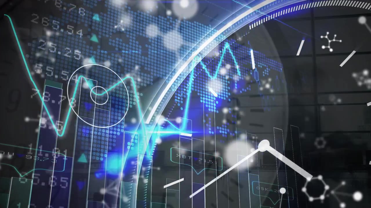 Animation of data processing over people walking and clock