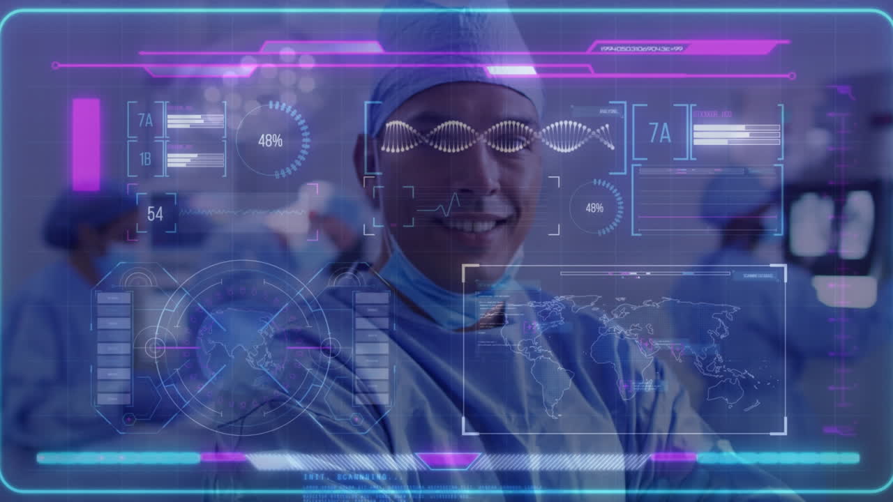 Animation of data processing over biracial male doctor
