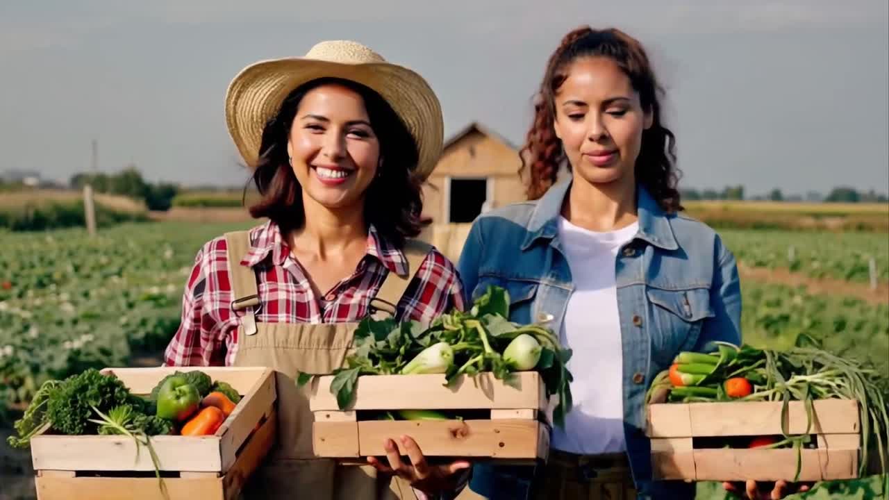 Two women are holding baskets of vegetables in a field
