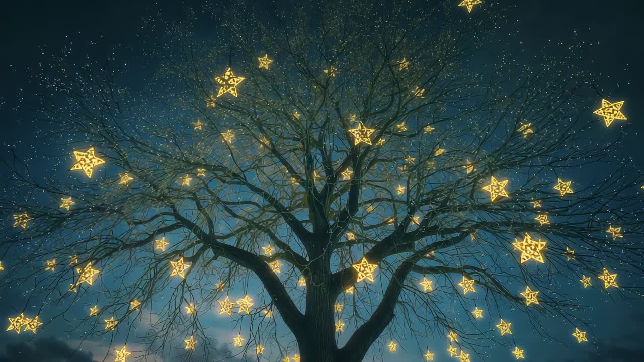 Opening shot showing golden star lights igniting and adorning leafless tree in field at night
