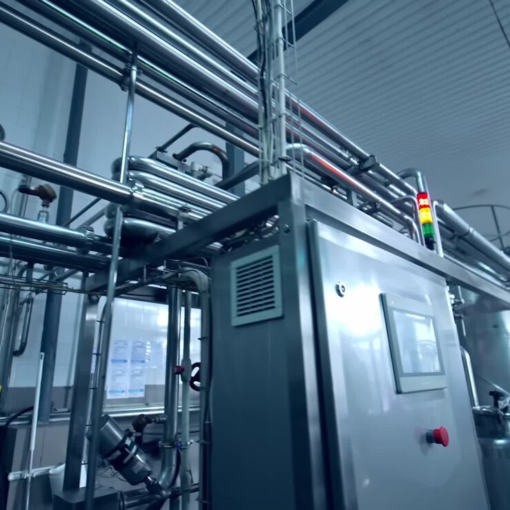 Technological equipment for dairy products manufacturing. Complicated system of pipes intertwining with each other and leading to the cisterns. Close up with gradual distancing
