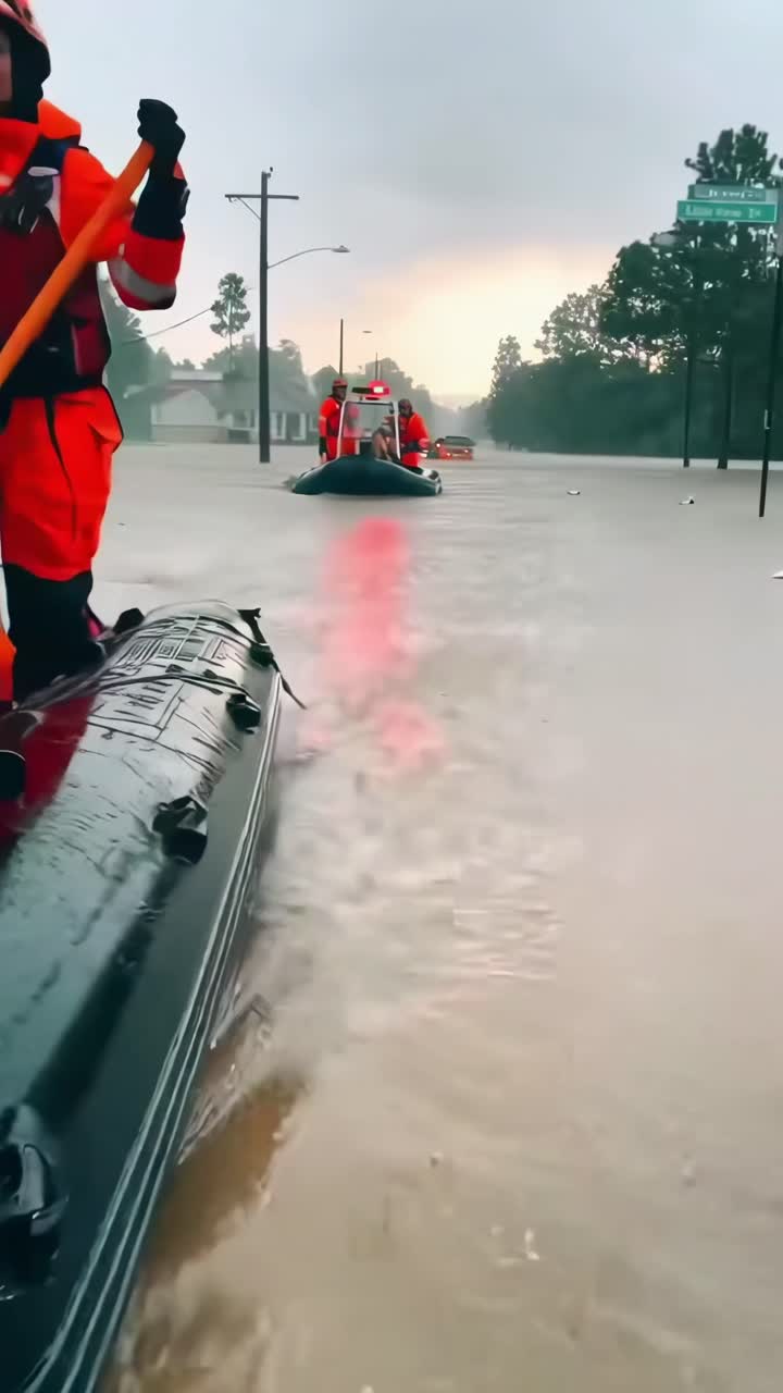 Dynamisches Froschperspektiven-Video eines Rettungsteams in roten Anzügen, das in Schlauchbooten durch Hochwasser navigiert.