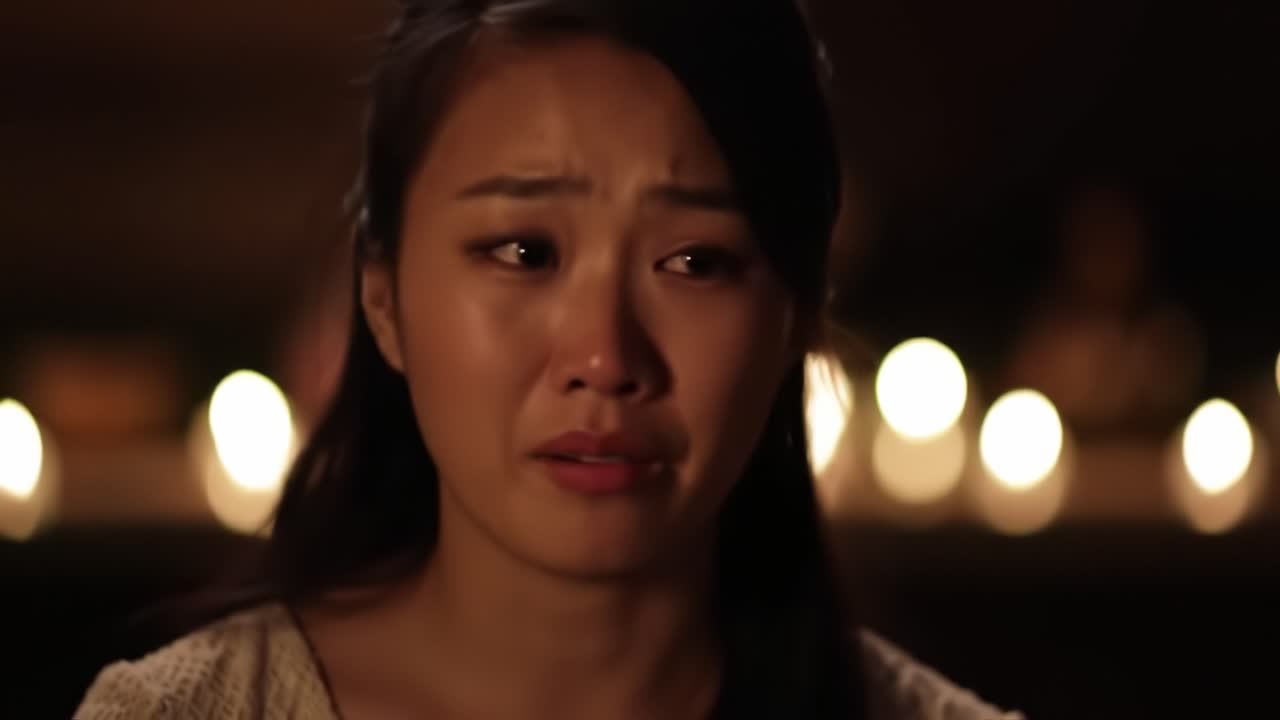 Emotional Moment Captured: A Young Woman's Expression of Fear and Vulnerability Surrounded by Candlelight, Illustrating Deep Feelings and Inner Turmoil