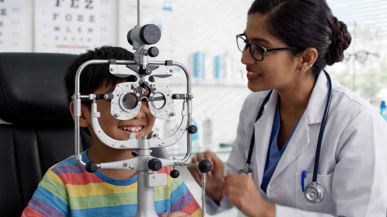 A Pediatric Eye Examination: A Doctor Assists a Young Patient with Vision Testing Using a Phoropter to Ensure Optimal Eye Health and Clarity