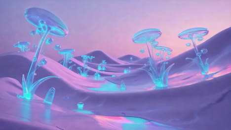 bioluminescent alien flora in a surreal pastel landscape
