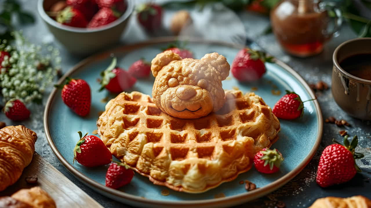 Bear waffle with strawberries. A cute bear-shaped waffle is served on a blue plate, surrounded by fresh strawberries and a cozy atmosphere