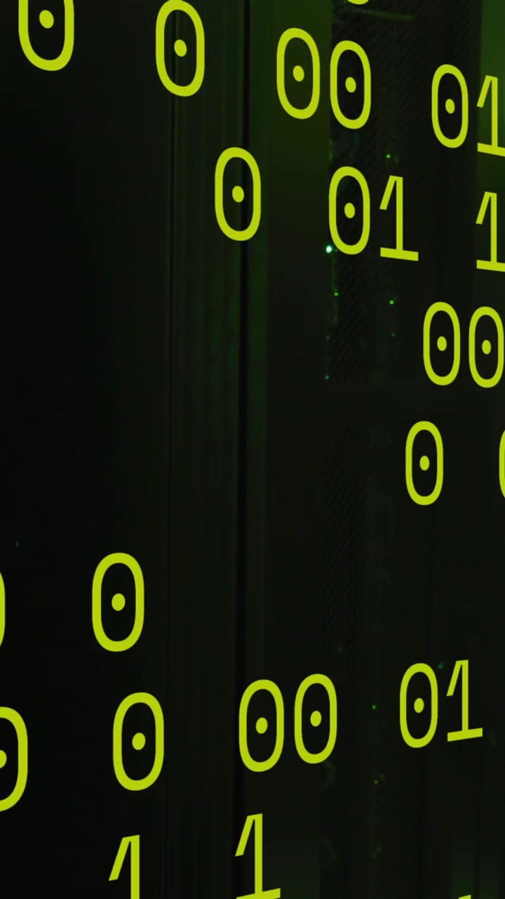 Animation of green binary code over servers