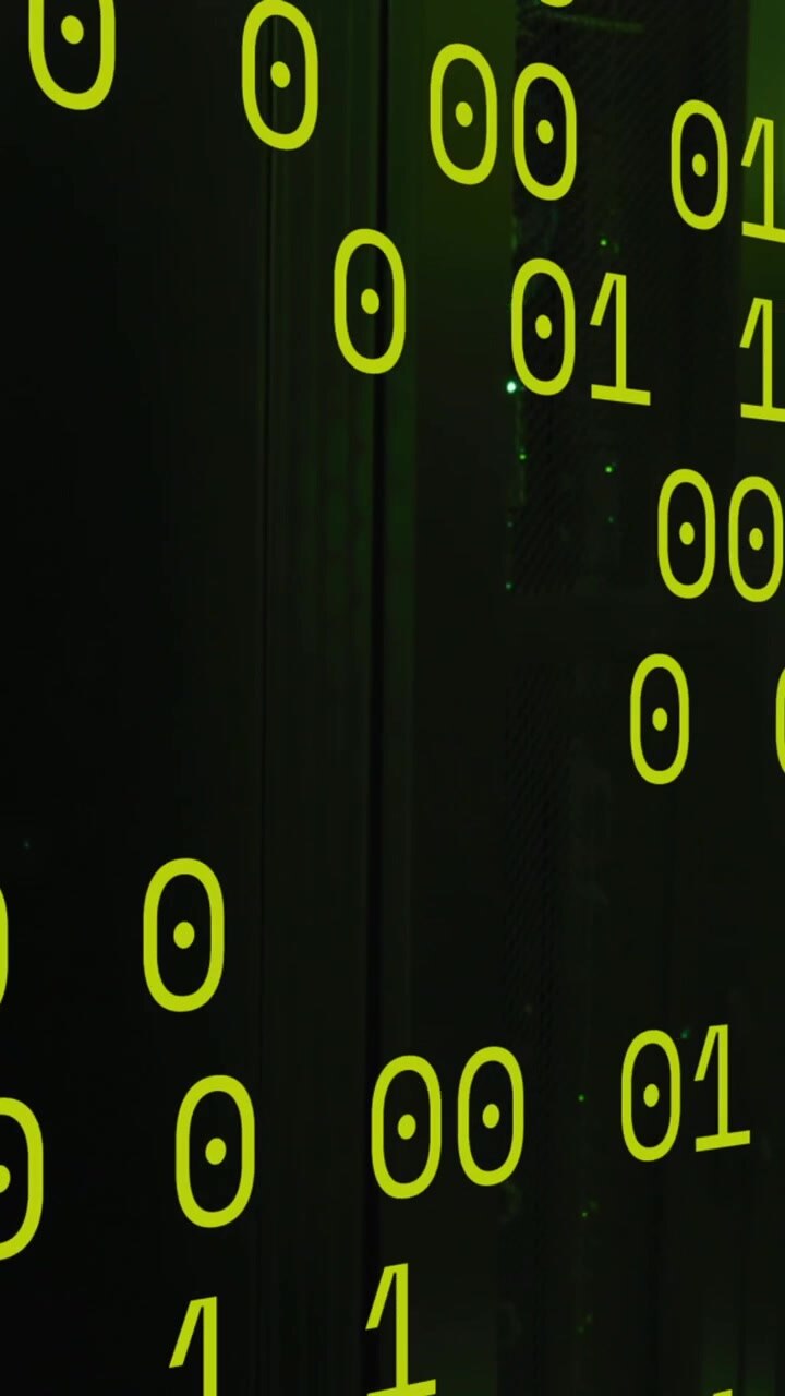 Animation of green binary code over servers