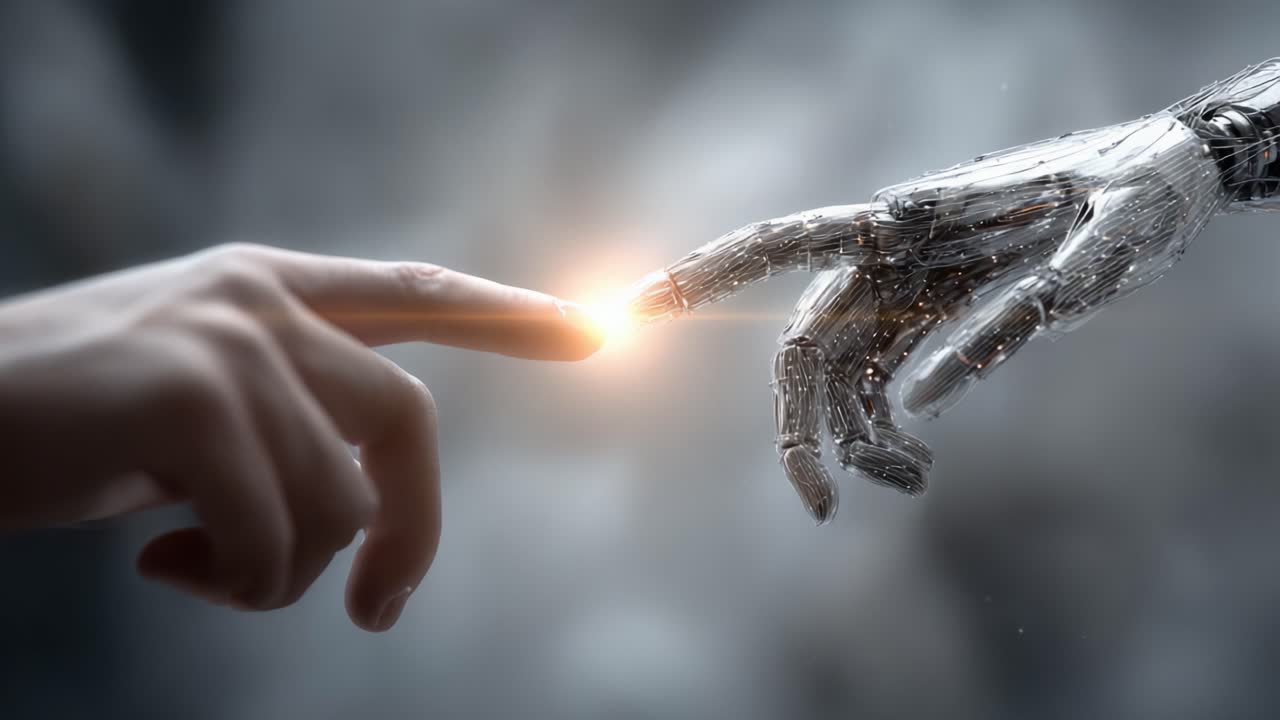 A Moment of Connection: The Intersection of Humanity and Technology as a Human Hand Reaches Out to Touch a Futuristic Robotic Hand, Signifying Unity and Innovation