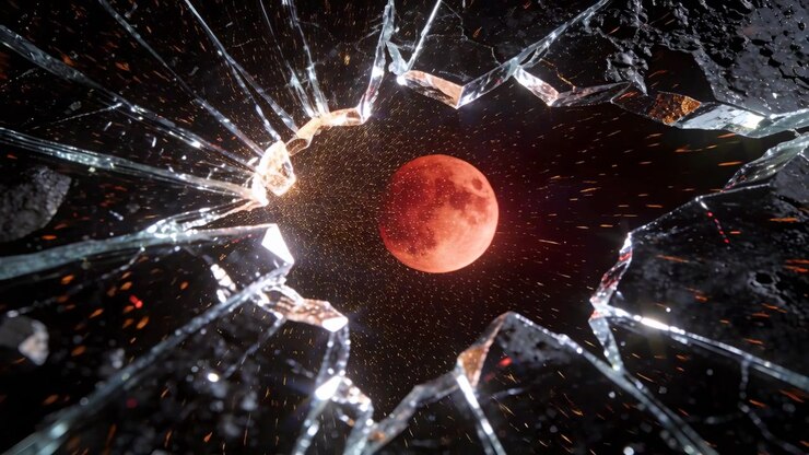 Emitting impact flare, jagged left rim scattering fragments through breach, red moon holding center