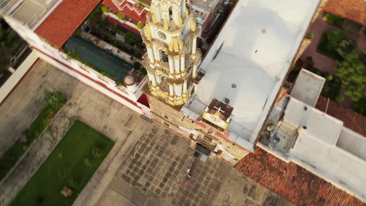 San Andres Apostol Church Tower in closeup shot, Ajijic near Lake Chapala, Jalisco, Mexico
