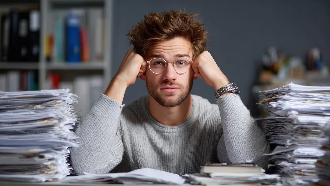 A Frustrated Young Man Surrounded by Piles of Paperwork, Conveying Stress and Overwhelm in a Busy Office Environment