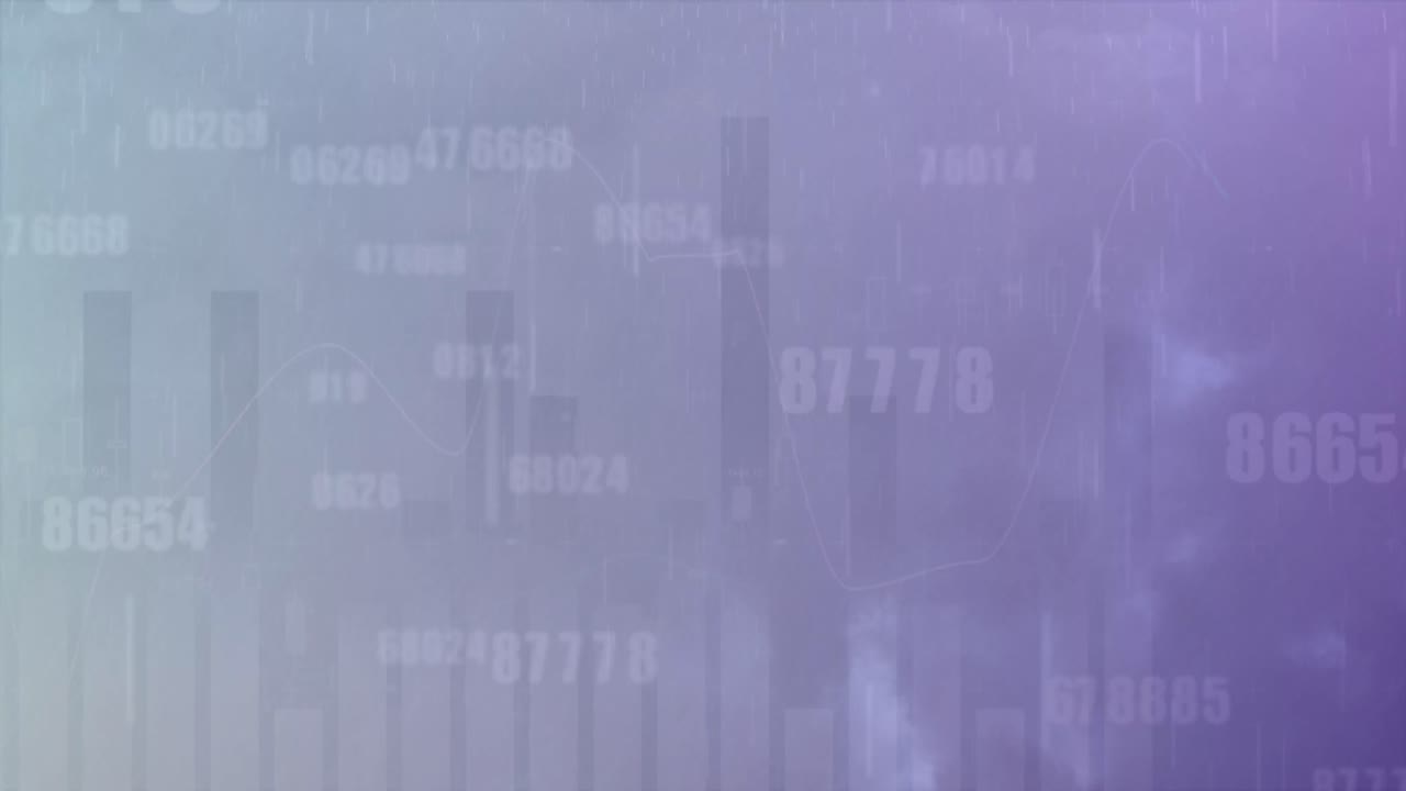 Animation of multiple graphs, changing numbers over rain and lightning in dense clouds