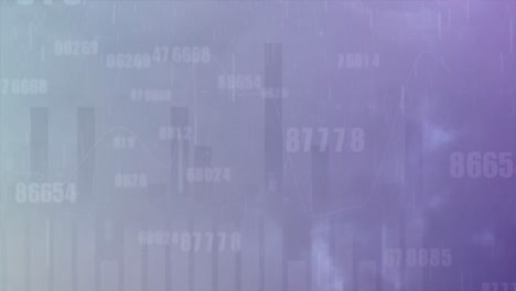 animation of multiple graphs, changing numbers over rain and lightning in dense clouds