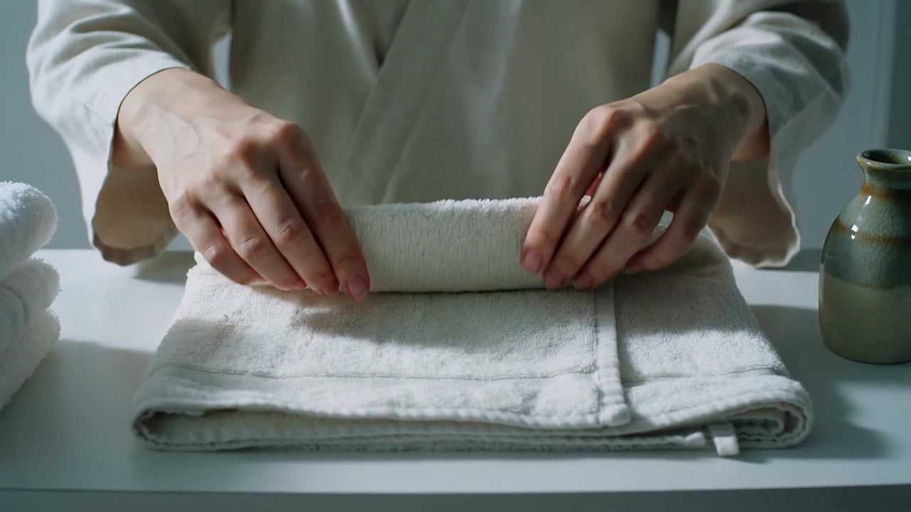 Nimmt kleines Handtuch auf, Hände rollen nach innen, um Handtuchstapel auf dem Waschtisch im Bademantel zu ordnen.