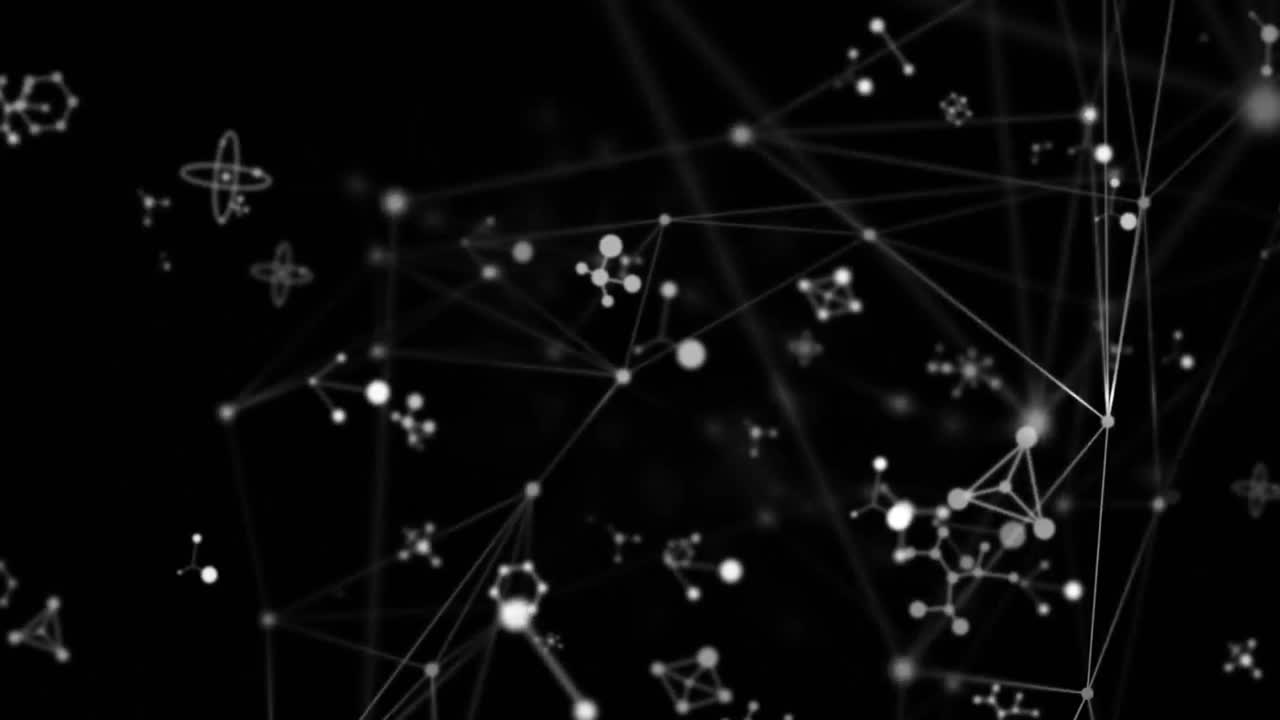 Digital animation of molecular structures and network of connections against black background