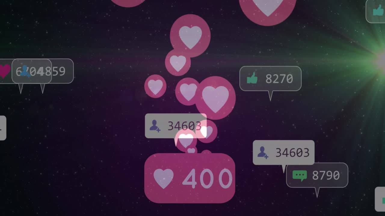 소셜 미디어 아이콘과 하트 위의 숫자의 애니메이션 배경에 사랑 아이콘