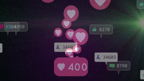 animación de iconos de redes sociales y números sobre corazones iconos de amor en el fondo