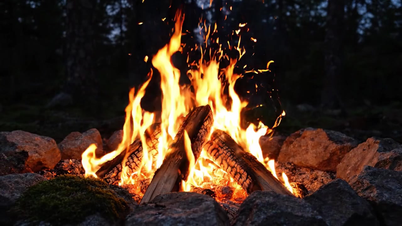 Una fogata cálida y acogedora parpadea en un entorno exterior sereno, rodeada por el abrazo de la naturaleza, creando una atmósfera acogedora para reuniones nocturnas.