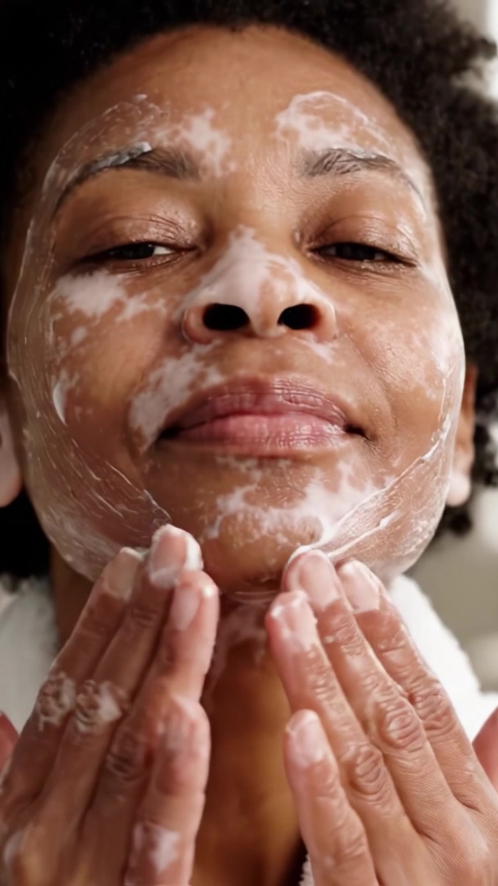 Una donna che applica un detergente viso: abbracciare la cura di sé e la routine di skincare per una carnagione radiosa e una pelle sana, godendosi un momento di relax e cura.