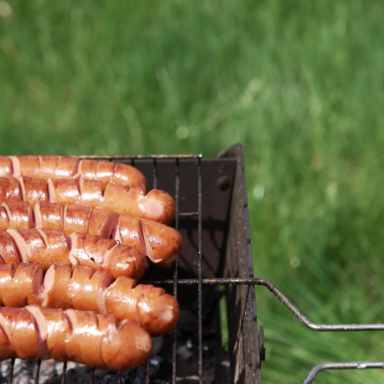 Sausages grilling on the barbecue. Juicy sausages frying on a fire. Hot delicious meat