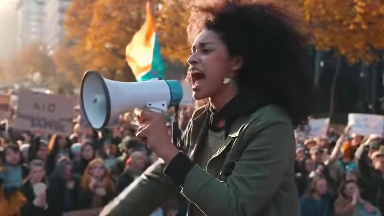 Giovane donna appassionata che parla al megafono a una manifestazione di protesta