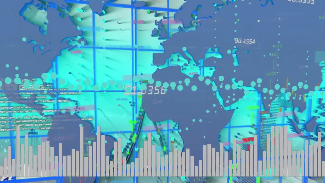 세계 지도와 파란 디지털 화면에 대한 금융 데이터 및 그래프의 애니메이션