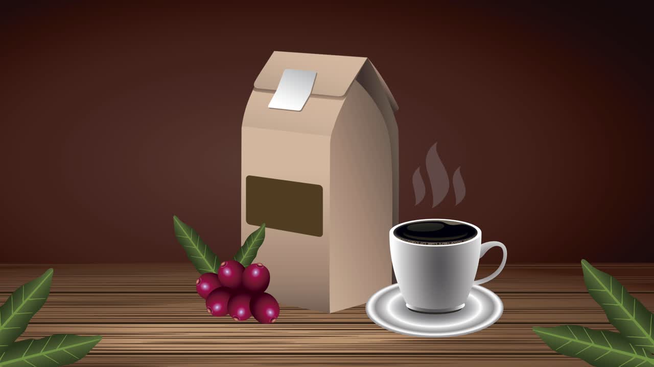 coffee beverage animation with cup and bag in table