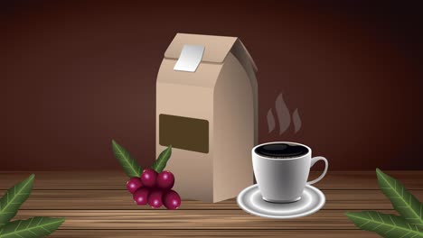 animación de bebida de café con taza y bolsa en la mesa