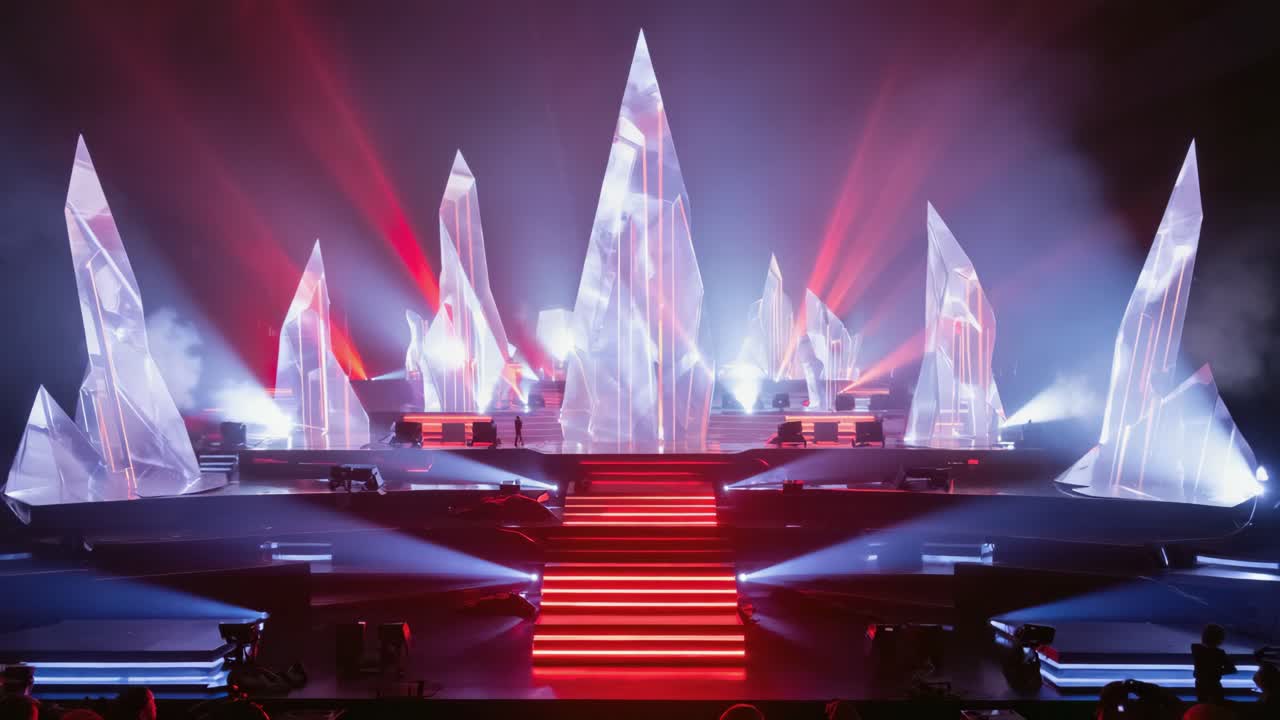 A stage with crystal decorations and bright lights