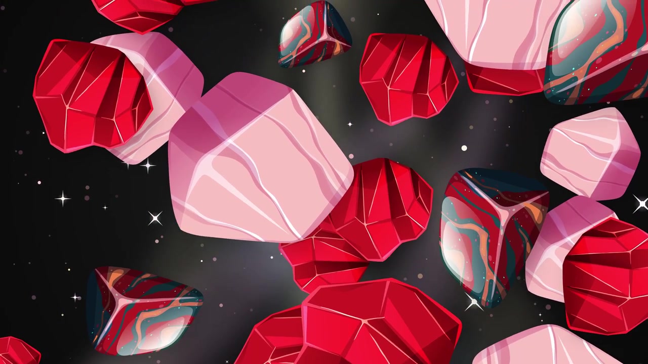 Stylized red and pink low-poly stones fall through a dark, sparkling space with soft lighting.