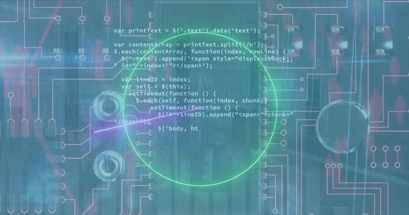 Animation of shapes and computer circuit board over data processing on green background cityscape