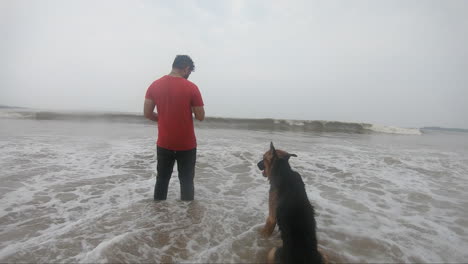 un perro pastor alemán parado en la playa con su dueño golpeado por las olas