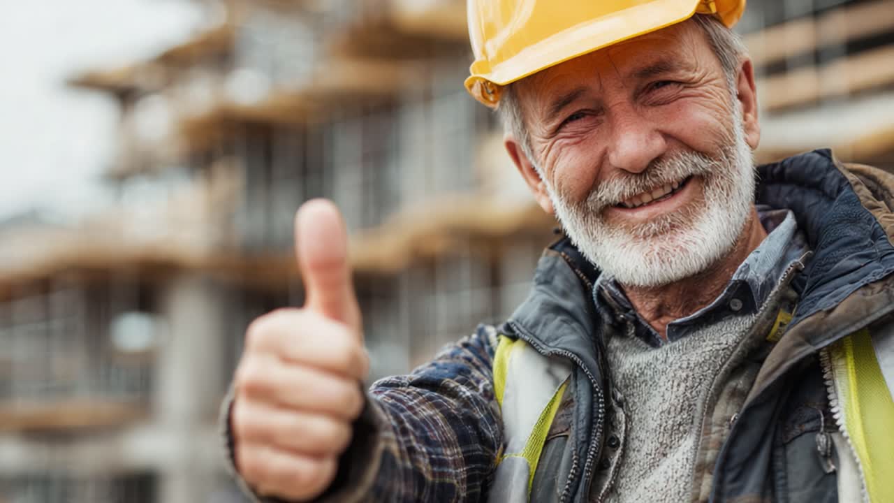 A Senior Construction Worker Cheerfully Signaling Approval with a Thumbs Up Gesture at a Building Site, Showcasing a Positive Attitude and Experience in the Industry