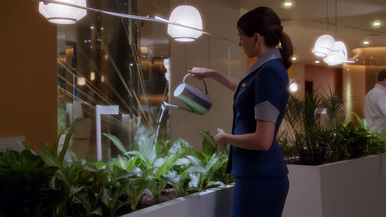 A woman in uniform waters indoor plants in a modern setting